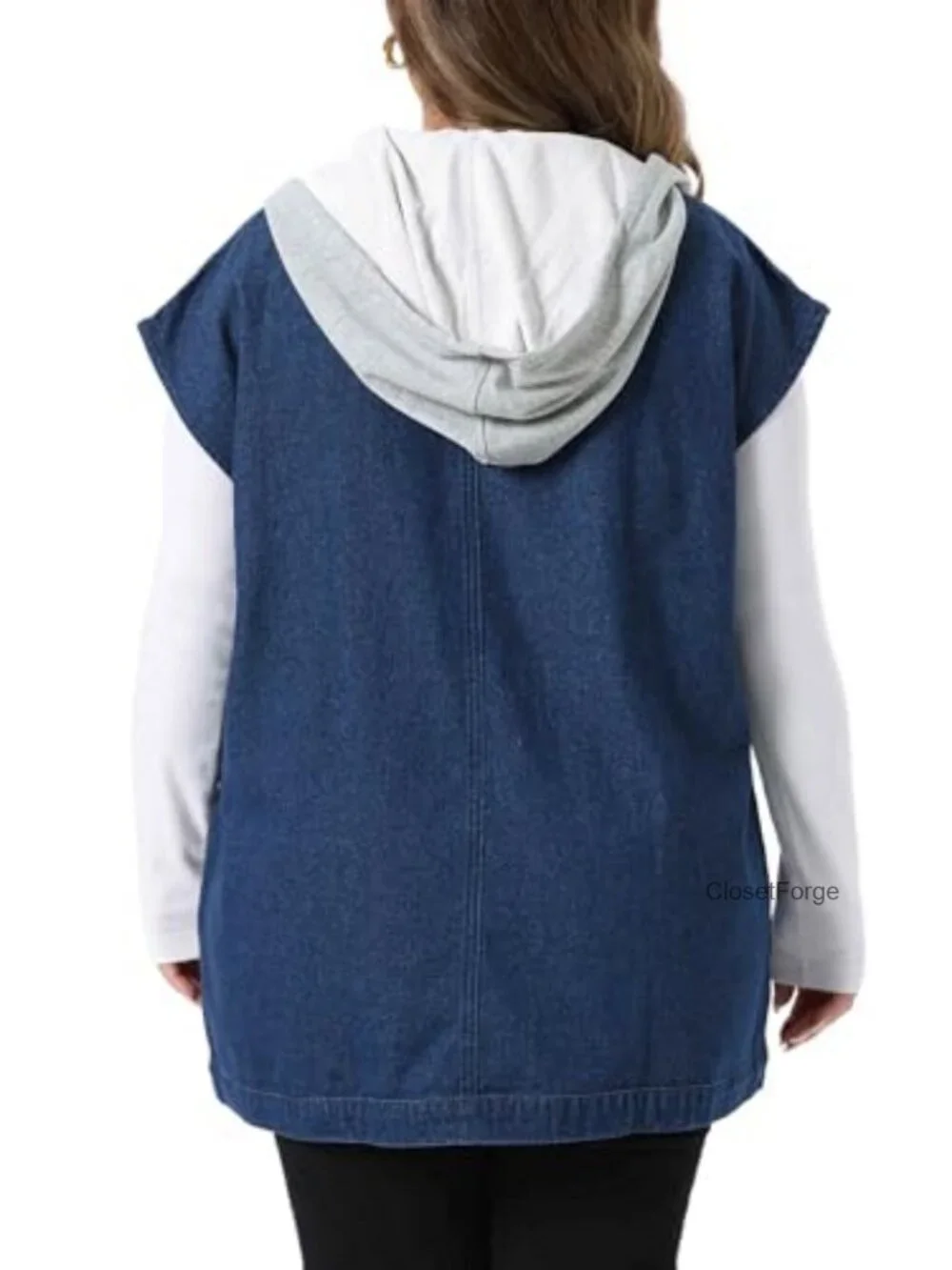 Sleeveless Denim Vest with Detachable Drawstring Hood Plus Size